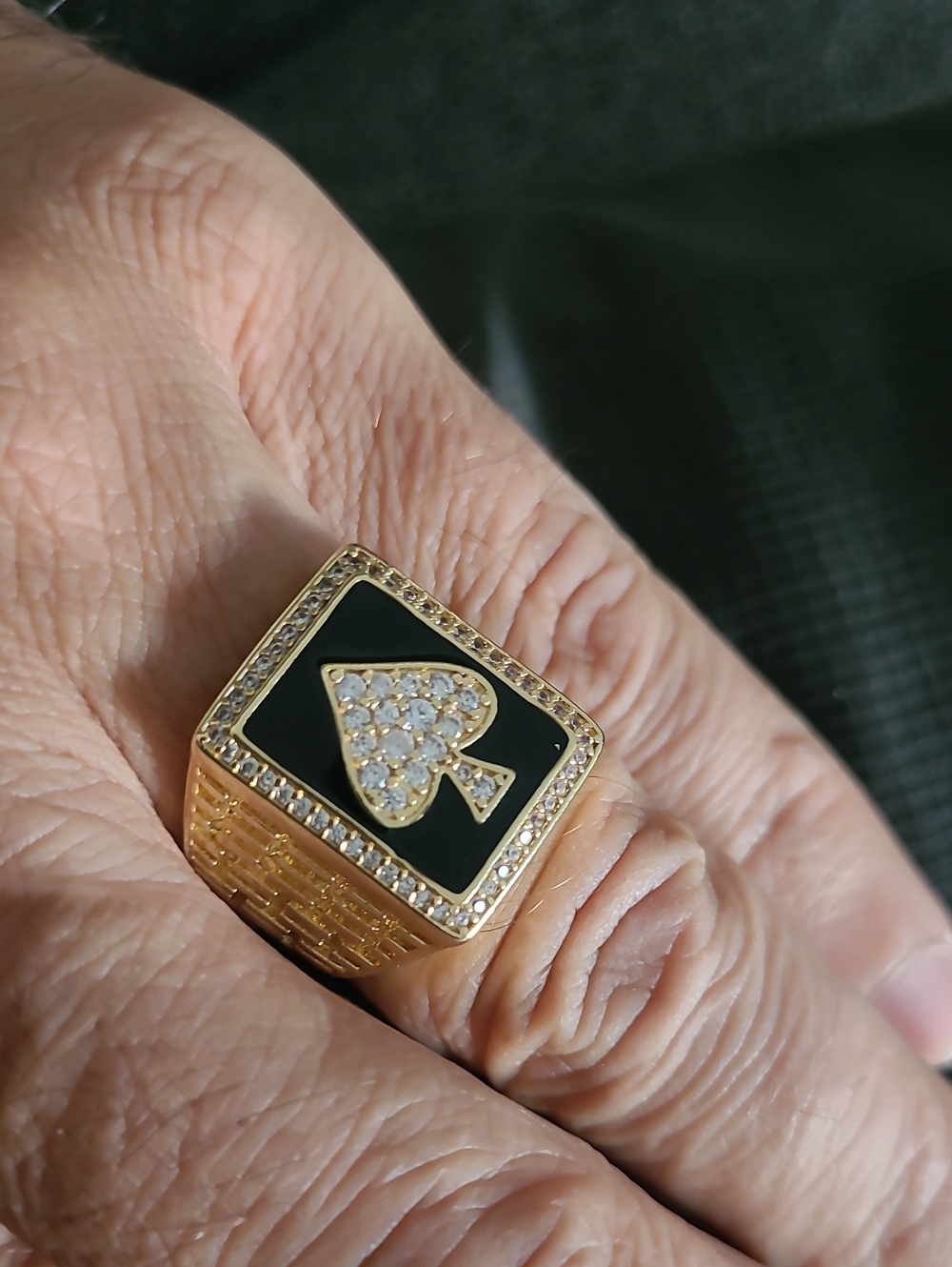 Gold Tone Diamond Black Enamel Spade Signet Ring